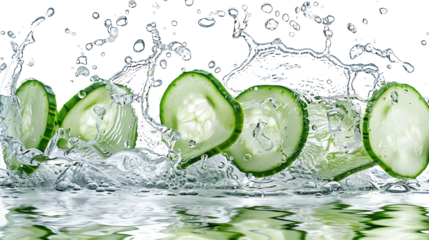 Fresh cucumber slices splash in clear water, creating a refreshing and vibrant scene perfect for health and wellness concepts.