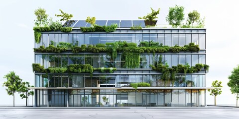 Modern building with green walls, rooftop gardens, and solar panels, blending nature with urban architecture