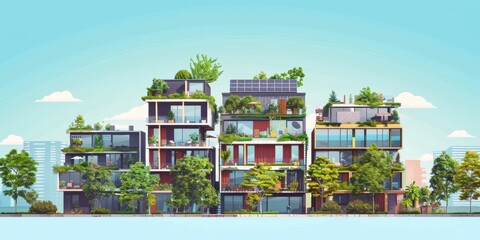 Modern residential complex with green terraces, rooftop gardens, and solar panels, blending nature with urban living