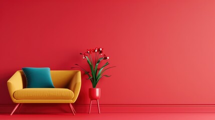 A sophisticated apartment featuring a bold red color palette, with minimalist furnishings and a clean, uncluttered layout. The image provides ample copy space for adding text or graphics.