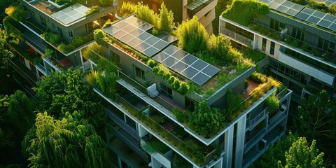 Modern apartment building with green rooftops and solar panels, integrating nature and sustainable living