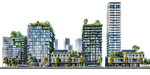 Modern urban buildings with green rooftops, vertical gardens, and solar panels, showcasing nature integration in city architecture