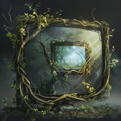Fototapeta premium Mythical computer design with a crystalclear monitor encased in a vinewrapped frame, echoing an ancient forest magic