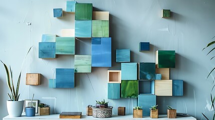 artful arrangement of geometric wooden blocks, stained in various shades of blue and green, mounted on a light grey wall in a creative studio