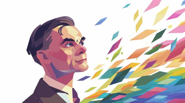 An illustration of Alan Turing, the father of computer science and artificial intelligence, with a background of colorful geometric shapes representing the many facets of his geniu
