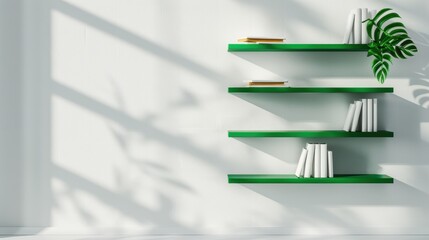 Obraz premium A sleek bookshelf with green accents in a minimalist setting, offering plenty of copy space for customization. The uncluttered design highlights the simplicity and elegance of modern interiors.