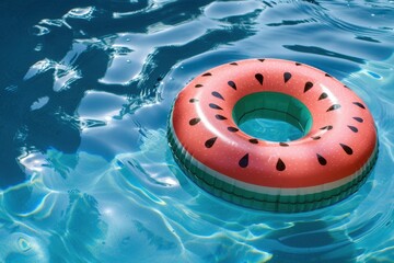 An inflatable watermelon ring floating on a blue swimming pool, a summer time banner with space for copy text Generative AI