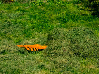 orange garden rake on green grass