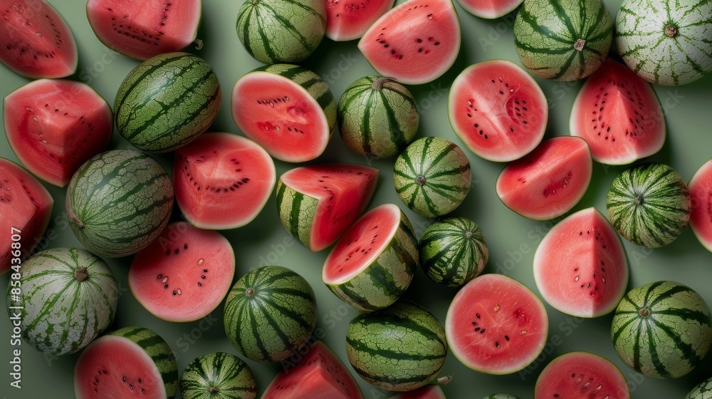 Aufkleber Symmetrical Aerial View of Red Watermelons Arranged in Geometric Pattern with Natural Soft Lighting
