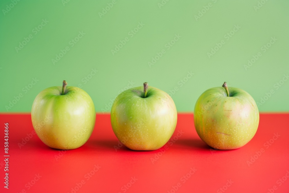 Poster Abstract Composition of Three Green Apples on a Red Surface Using Long Exposure and Symmetrical Layout in Soft Tones
