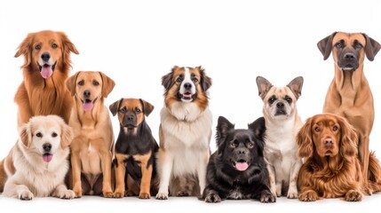 Adorable dogs of different breeds, sizes, and colors, posed against a clean white background