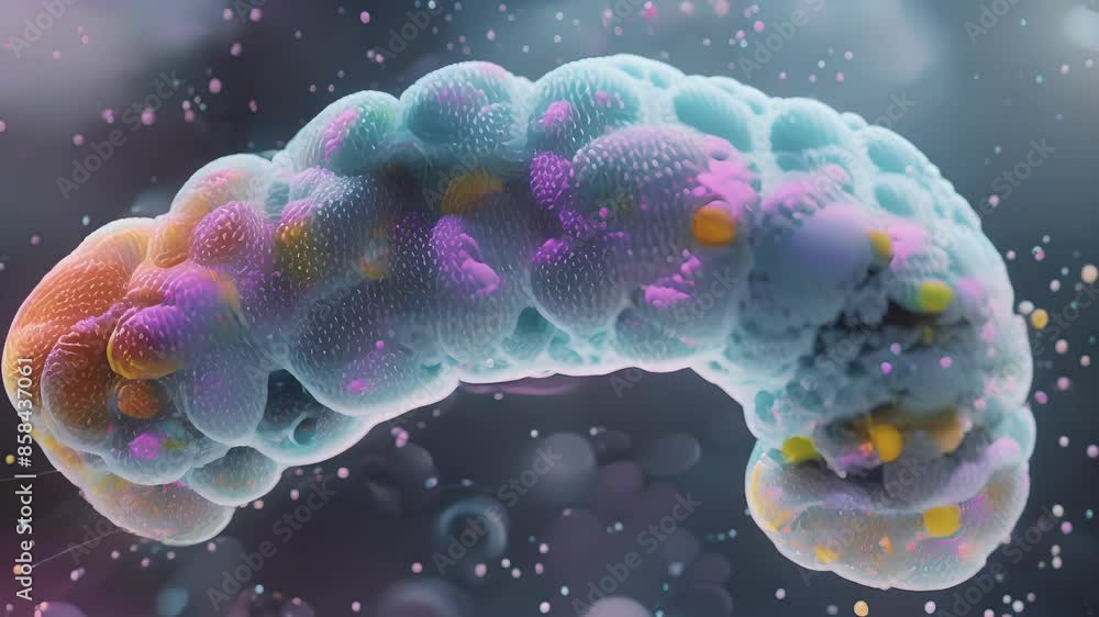 Poster electron microscopy animation capturing the intricate structure of a dividing mitochondrion.