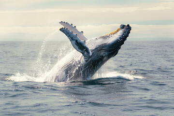 Fototapeta premium A whale breaches the ocean surface, creating a spectacular splash.