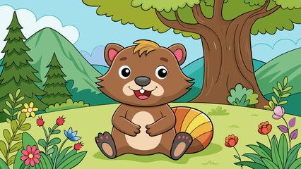 coloring-page--silly-smiling-baby-beaver-sits-nea 