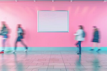 Vibrant Indoor Scene with Bright Pink Wall and Blurred Movement of Passersby, Modern Aesthetic with Empty Poster Mockup