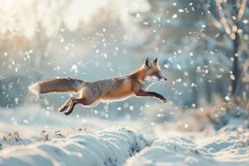 A fox leaps through a snowy field, mid-air with a determined expression