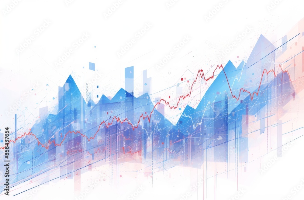Poster clean stock market graph with red and blue lines on white background in flat design motion graphics 