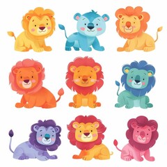 Fototapeta premium Cute and colorful kawaii lions, each illustrated with a gentle smile and vibrant hues, ideal for nursery decor, on a white background
