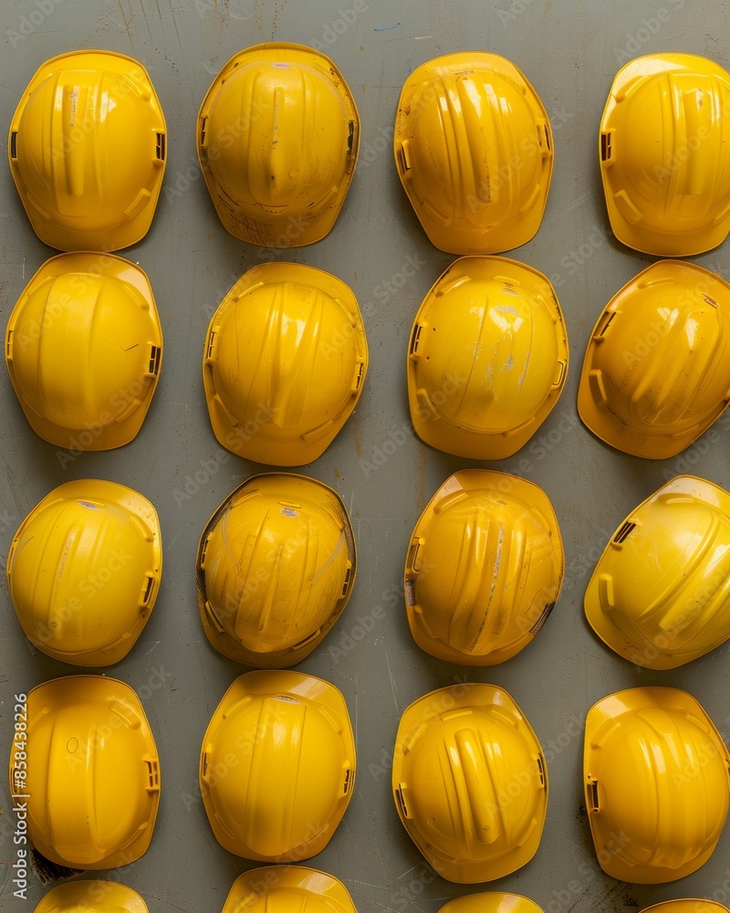 Aufkleber symmetrical aerial view of yellow construction helmets - geometric patterned design concept with bri