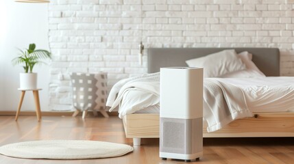 modern sleek air purifier in a modern minimalist bedroom