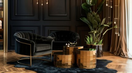 A chic living room with a black and gold color scheme, a velvet accent chair, and a set of brass nesting tables