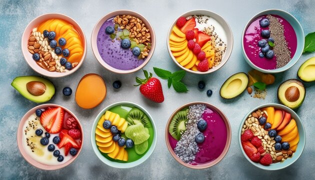 Colorful smoothie bowls topped with fresh fruits, nuts, seeds, and granol