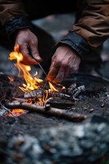 A person using a pair of tongs to light a fire