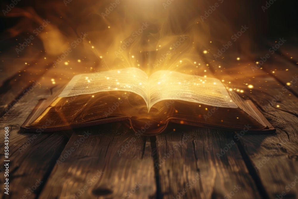 Poster a single open book resting on a wooden table