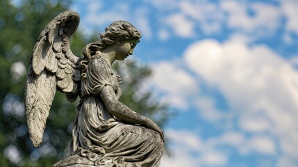 Fototapeta premium A statue of an angel sits atop a grave, providing a sense of peace and reverence