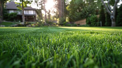 Newly mowed lawn in a residential yard on a sunny day