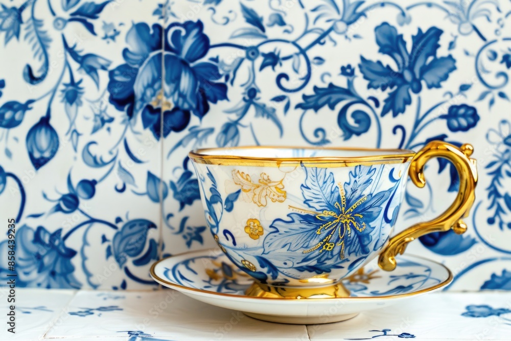 Poster a blue and white cup and saucer setting on a table, ready for use