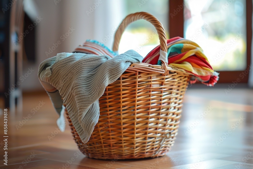 Aufkleber a wicker basket filled with clean towels placed on a wooden floor, ideal for use in various settings