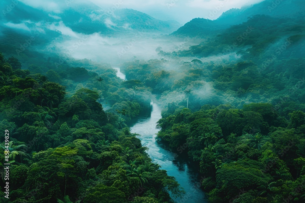 Poster a serene river flows gently through a dense and vibrant green forest, perfect for use in nature or o