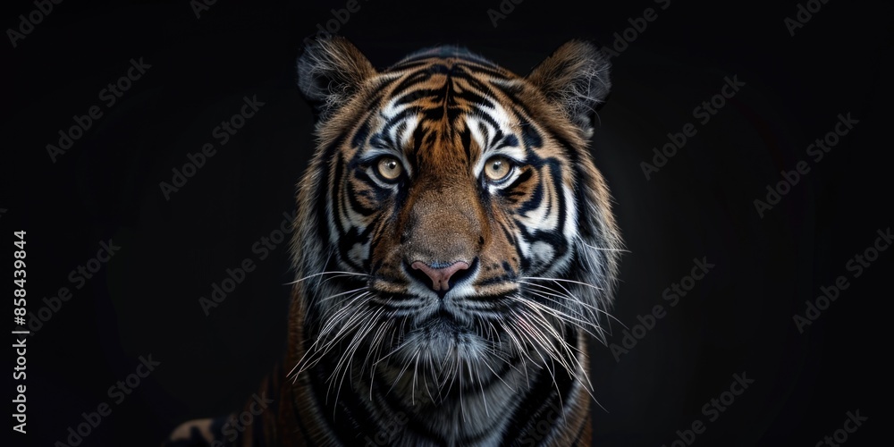 Aufkleber a close-up view of a tiger's face on a black background