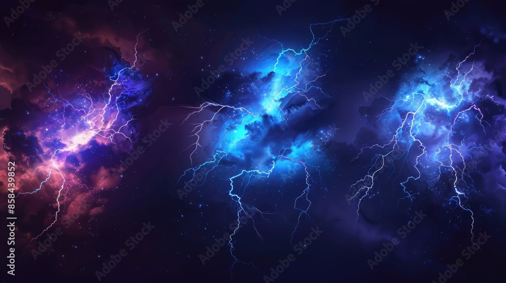 Poster a picture of lightning strikes in a cloudy sky, with dramatic clouds and bright flashes of electrici