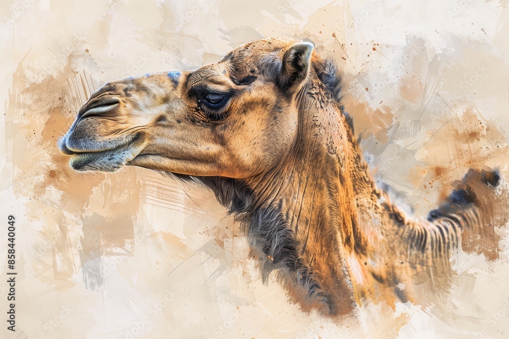 Poster a close-up view of a giraffe's face on a beige background
