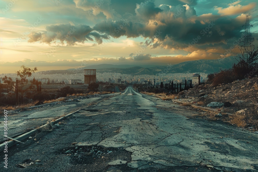 Poster aerial view of a deserted road with a cloudy sky in the background, ideal for use in travel or adven