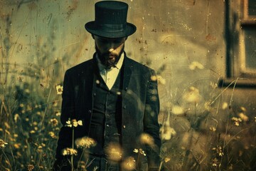 Fototapeta premium A gentleman standing amidst a lush field of flowers, dressed in a suit and top hat