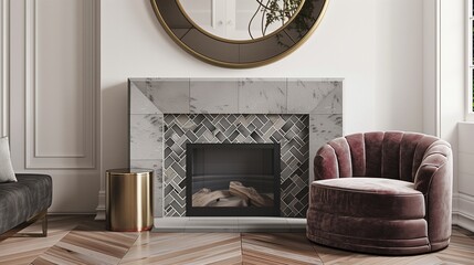 A chic living room with a herringbone tile fireplace, a velvet barrel chair, and a brass-framed mirror