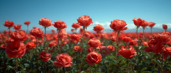 Fototapeta premium Vibrant Red Roses in Full Bloom - Watercolor Style Low Angle View