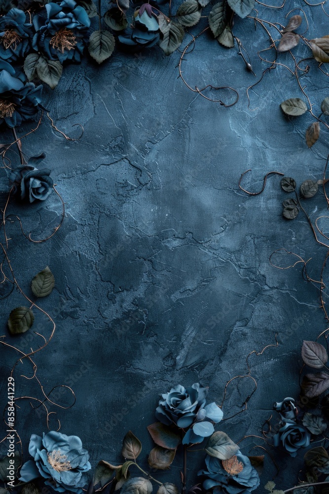 Poster a dark blue background with intricate floral patterns and vines