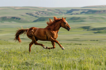 Fototapeta premium A horse gallops across a meadow, mane and tail streaming in the wind