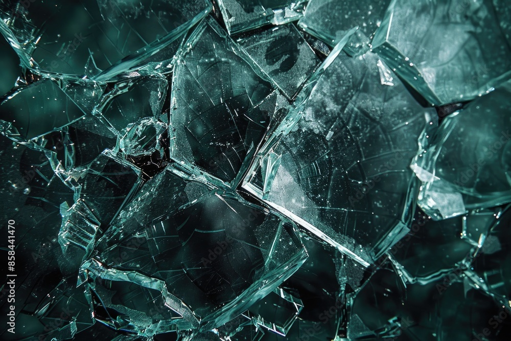 Aufkleber A close-up shot of a broken glass window with cracks and shards