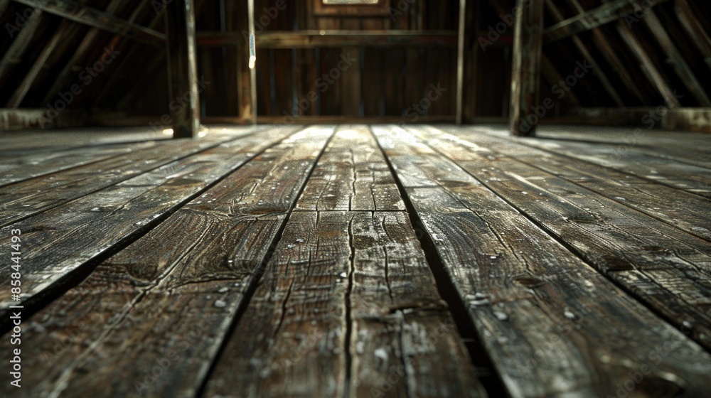Poster Wooden floor in an attic with a window, suitable for interior design or architecture projects