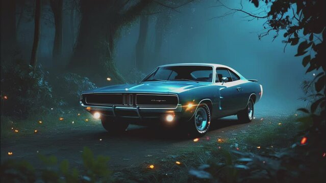 Animation car Dodge Charger By traveling at night. Car background. Motion video graphics. Loops 4k.