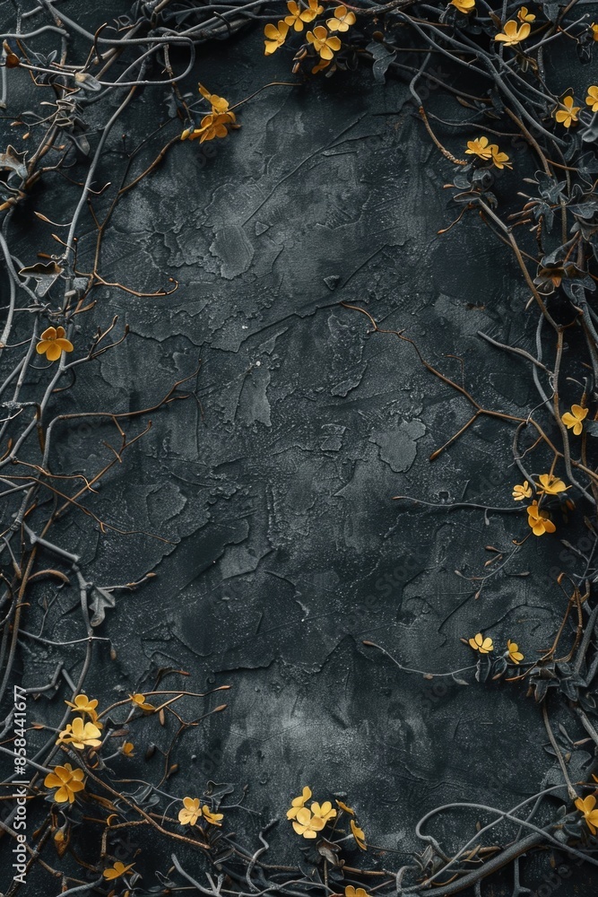 Poster a close-up of yellow leaves and branches against a dark background, ideal for use in designs where c