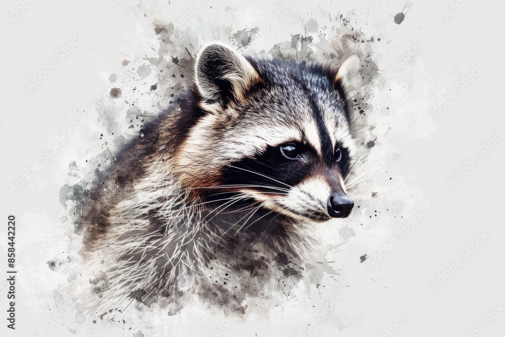 Poster a clear image of a raccoon's face on a white background