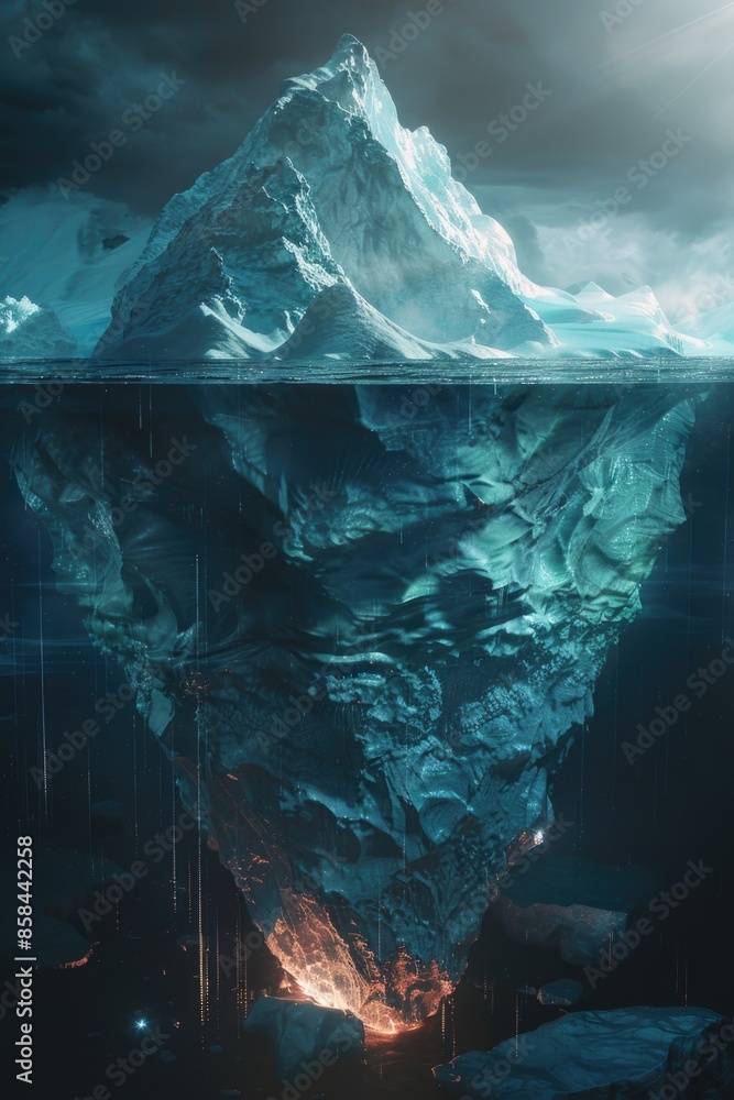 Poster a massive iceberg floats on the surface of the ocean, with flames burning brightly from within