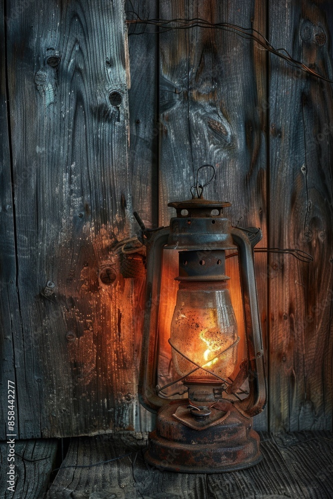 Aufkleber a lone lantern shines brightly on a wooden floor, perfect for adding ambiance to any setting