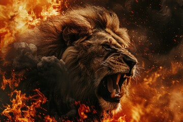 A close-up shot of a lion's face as it lets out a mighty roar, with flames from the fire licking at its fur